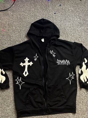 Black Kids Hoodie Jacket with White Cross & Flame Appliqués